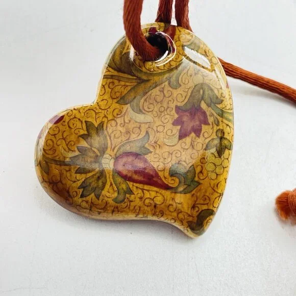 Artisan Heart Pendant Necklace Signed SC Natural Stone Cord Boho Southwest Style - Picture 2 of 8